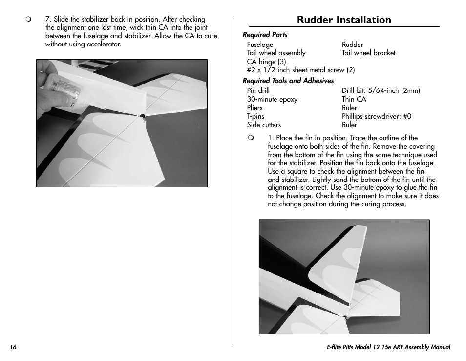 Rudder installation | E-flite Pitts Model 12 15e ARF User Manual | Page 16 / 36