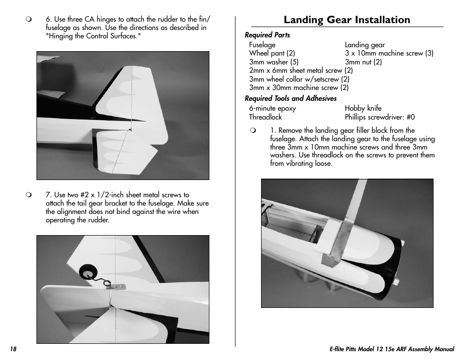 Landing gear installation | E-flite Pitts Model 12 15e ARF User Manual | Page 18 / 36