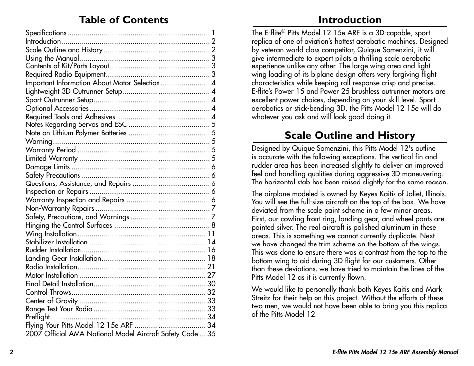 E-flite Pitts Model 12 15e ARF User Manual | Page 2 / 36