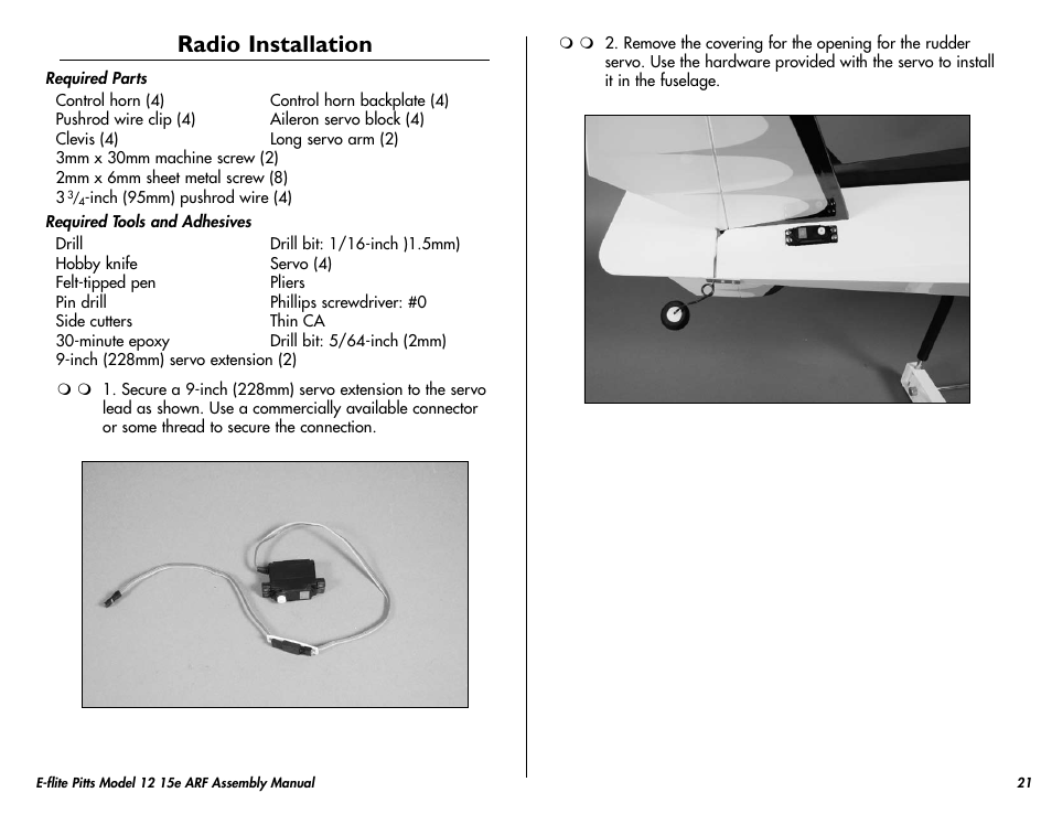 Radio installation | E-flite Pitts Model 12 15e ARF User Manual | Page 21 / 36