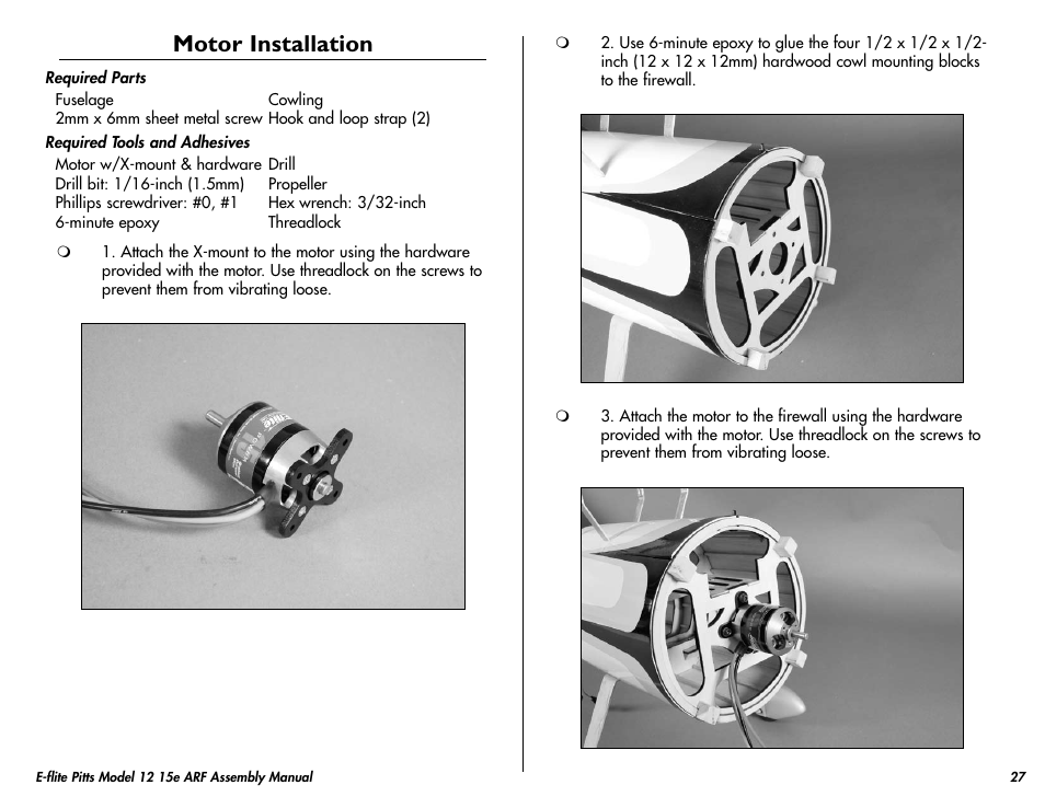 Motor installation | E-flite Pitts Model 12 15e ARF User Manual | Page 27 / 36