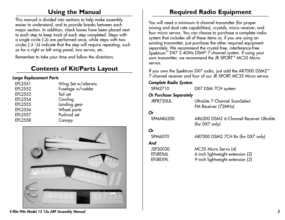 Using the manual, Contents of kit/parts layout, Required radio equipment | E-flite Pitts Model 12 15e ARF User Manual | Page 3 / 36