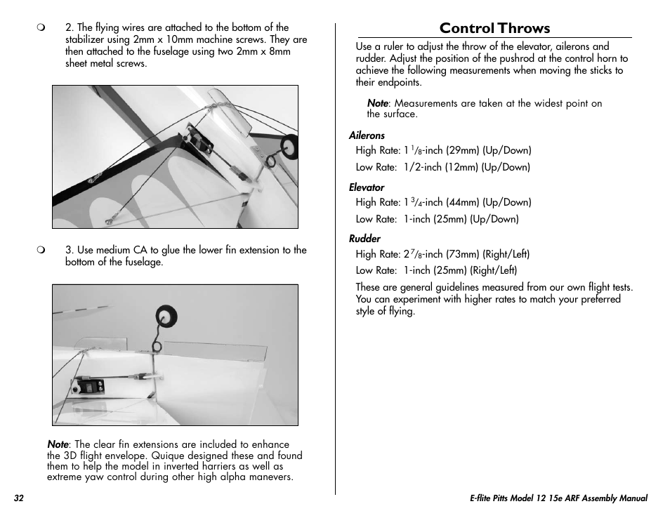 Control throws | E-flite Pitts Model 12 15e ARF User Manual | Page 32 / 36