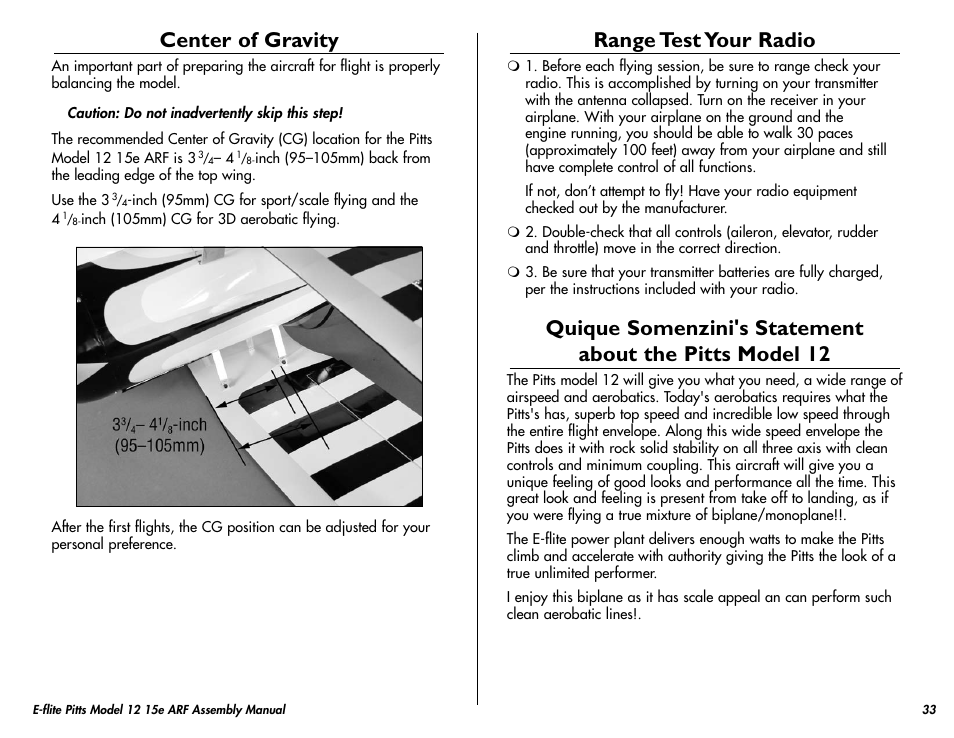 Center of gravity, Range test your radio | E-flite Pitts Model 12 15e ARF User Manual | Page 33 / 36