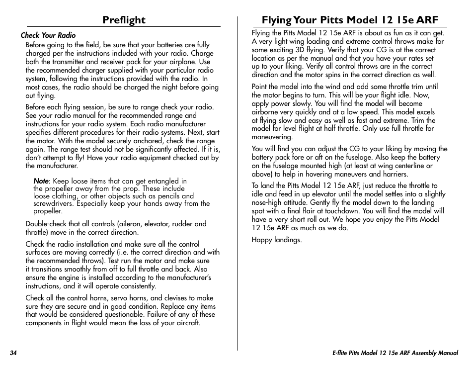 Preflight, Flying your pitts model 12 15e arf | E-flite Pitts Model 12 15e ARF User Manual | Page 34 / 36