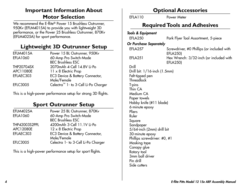 Important information about motor selection, Lightweight 3d outrunner setup, Sport outrunner setup | Optional accessories, Required tools and adhesives | E-flite Pitts Model 12 15e ARF User Manual | Page 4 / 36