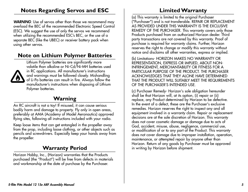 Warning, Warranty period, Limited warranty | E-flite Pitts Model 12 15e ARF User Manual | Page 5 / 36