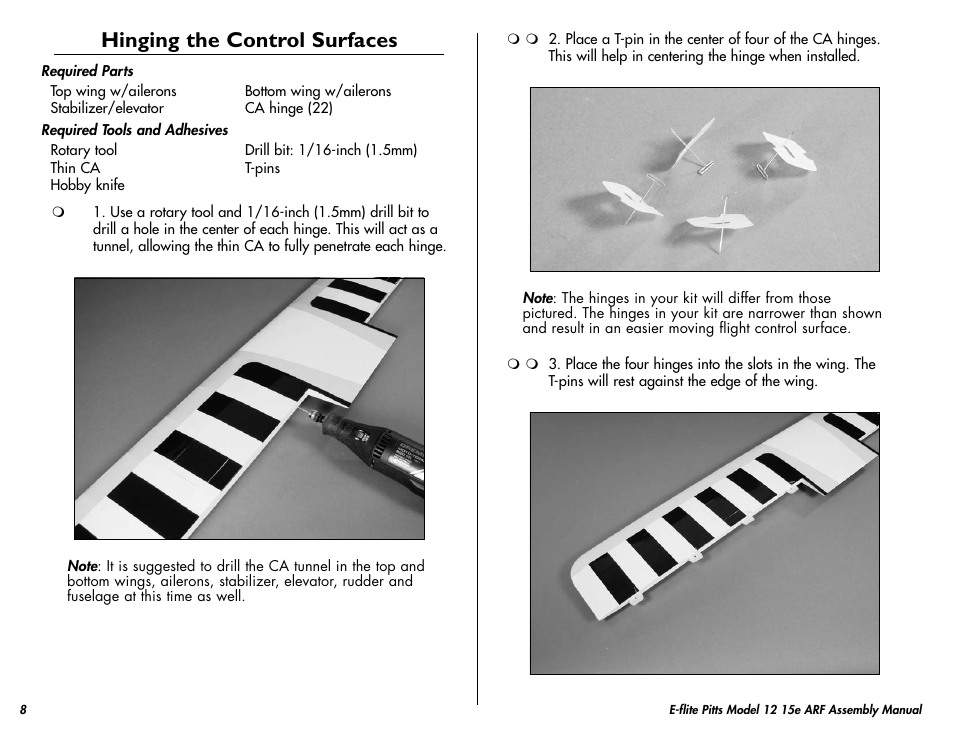 Hinging the control surfaces | E-flite Pitts Model 12 15e ARF User Manual | Page 8 / 36