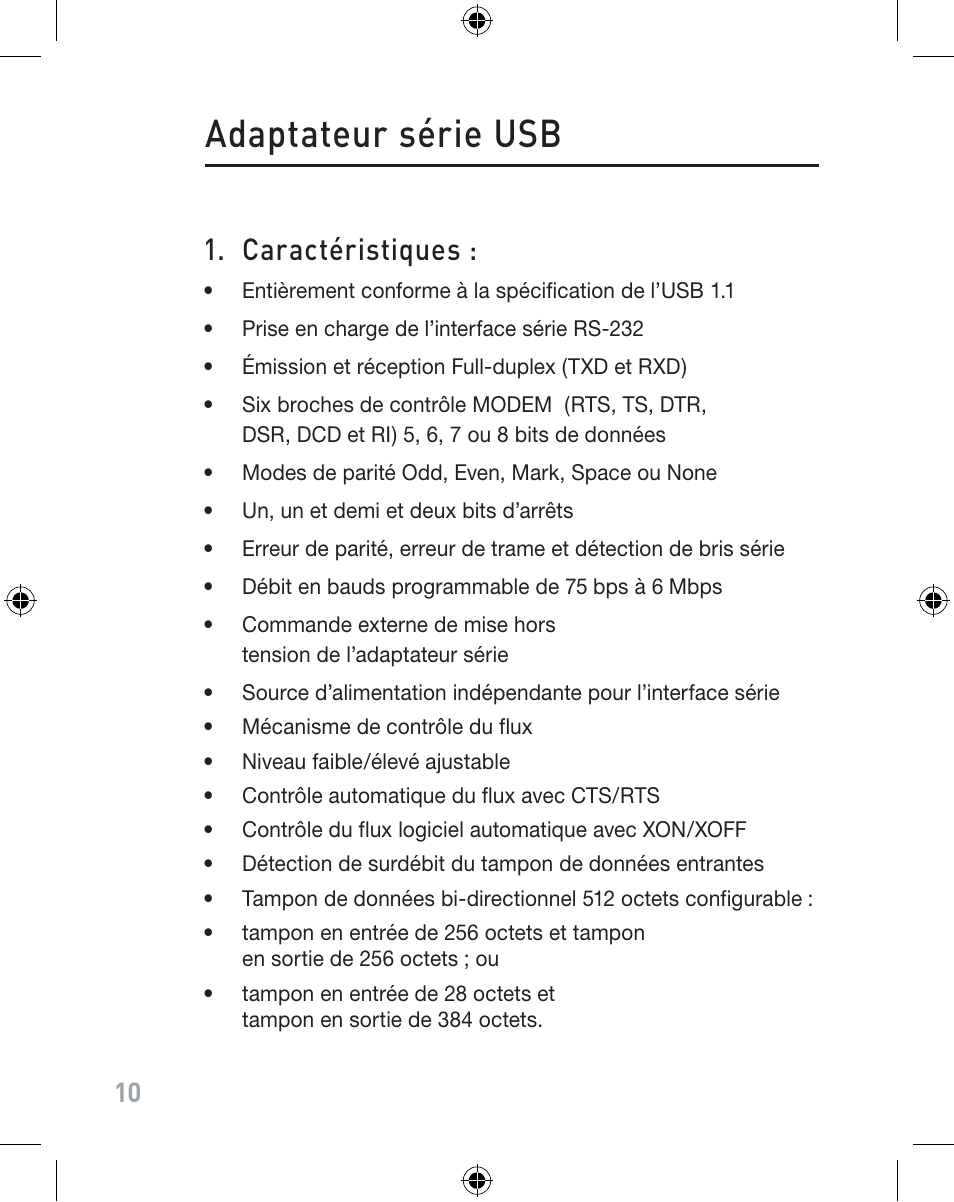 Adaptateur série usb, Caractéristiques | Belkin F5U103VEA User Manual | Page 10 / 40