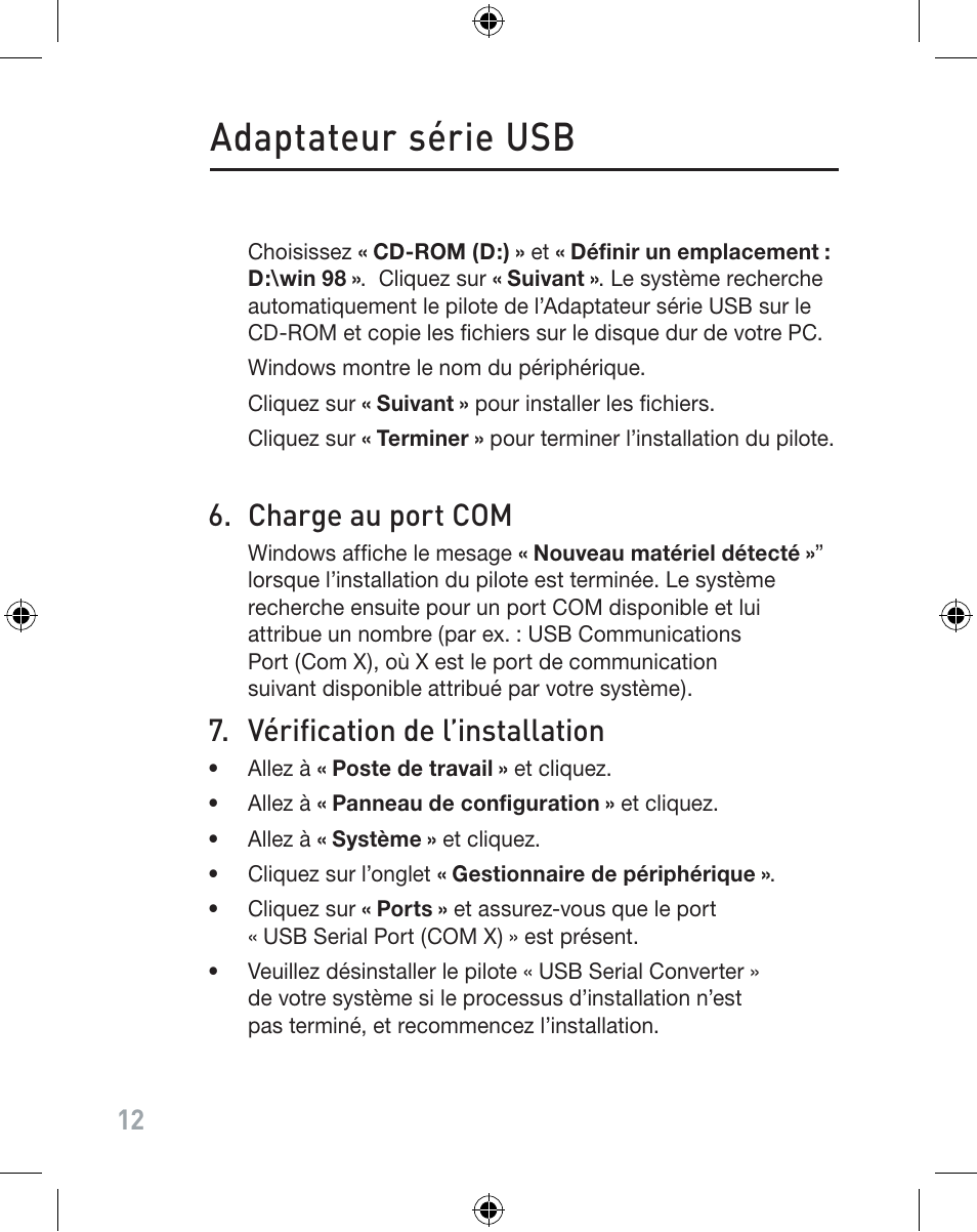 Adaptateur série usb, Charge au port com, Vérification de l’installation | Belkin F5U103VEA User Manual | Page 12 / 40