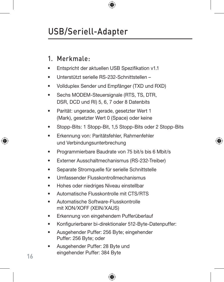 Usb/seriell-adapter, Merkmale | Belkin F5U103VEA User Manual | Page 16 / 40