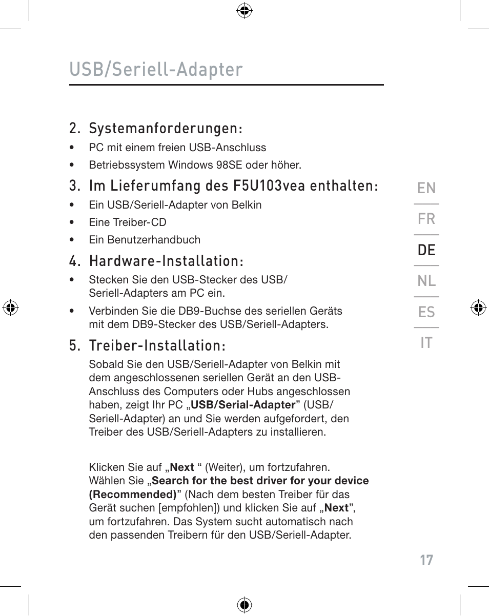 Usb/seriell-adapter, Systemanforderungen, Im lieferumfang des f5u103vea enthalten | Hardware-installation, Treiber-installation, En ___ fr ___ de ___ nl ___ es ___ it | Belkin F5U103VEA User Manual | Page 17 / 40