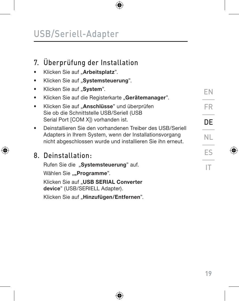 Usb/seriell-adapter, Überprüfung der installation, Deinstallation | En ___ fr ___ de ___ nl ___ es ___ it | Belkin F5U103VEA User Manual | Page 19 / 40