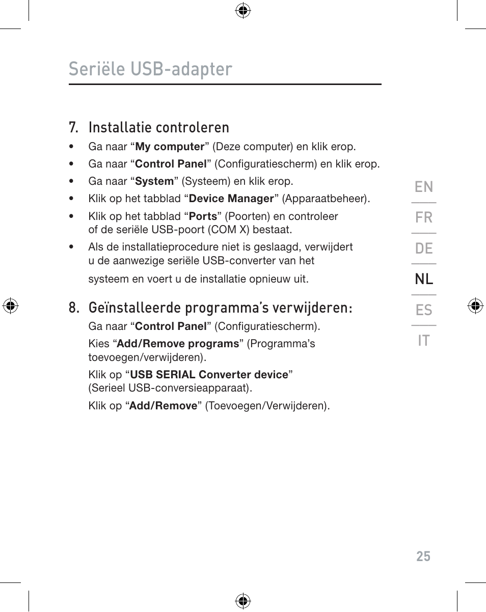 Seriële usb-adapter, Installatie controleren, Geïnstalleerde programma’s verwijderen | En ___ fr ___ de ___ nl ___ es ___ it | Belkin F5U103VEA User Manual | Page 25 / 40