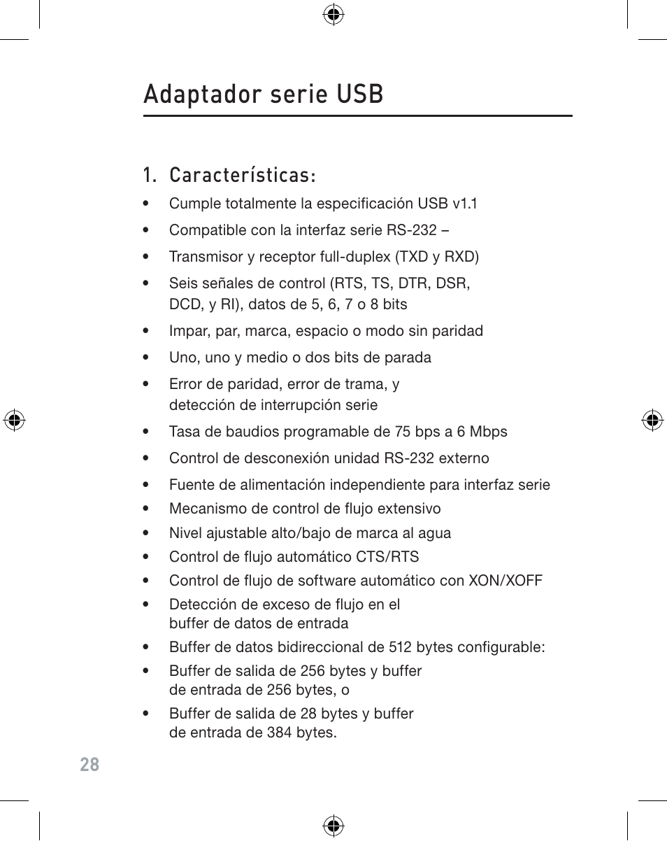 Adaptador serie usb, Características | Belkin F5U103VEA User Manual | Page 28 / 40