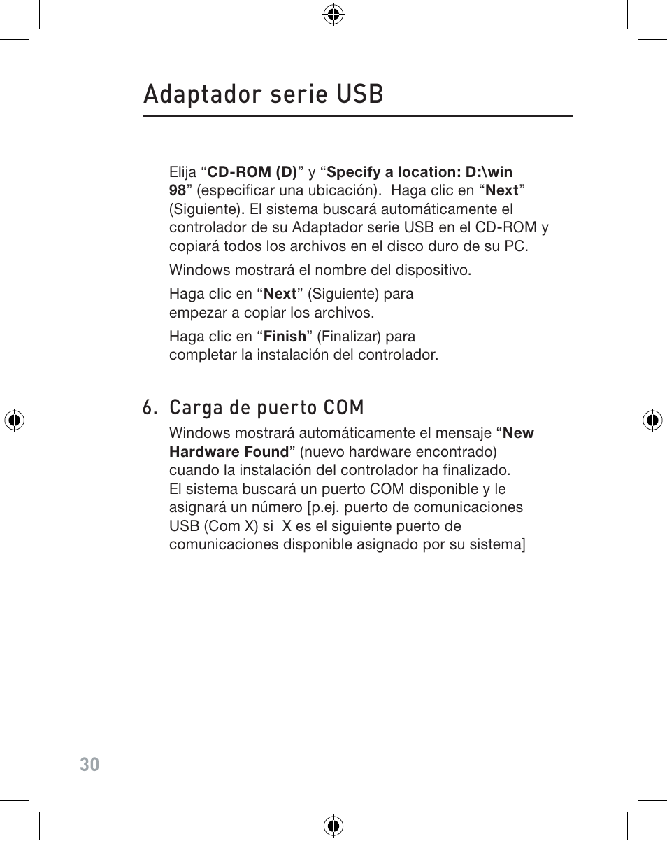 Adaptador serie usb, Carga de puerto com | Belkin F5U103VEA User Manual | Page 30 / 40