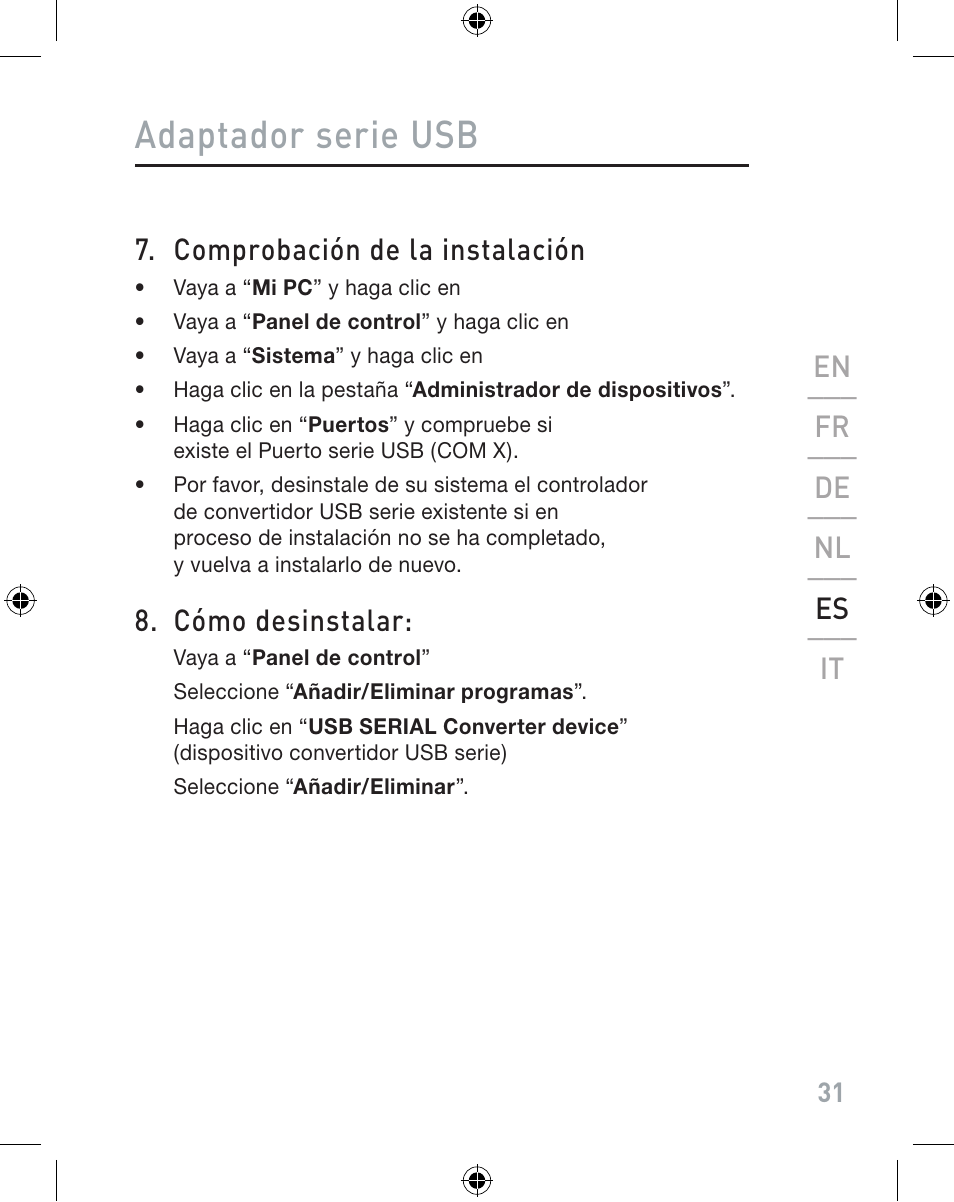 Adaptador serie usb, Comprobación de la instalación, Cómo desinstalar | En ___ fr ___ de ___ nl ___ es ___ it | Belkin F5U103VEA User Manual | Page 31 / 40