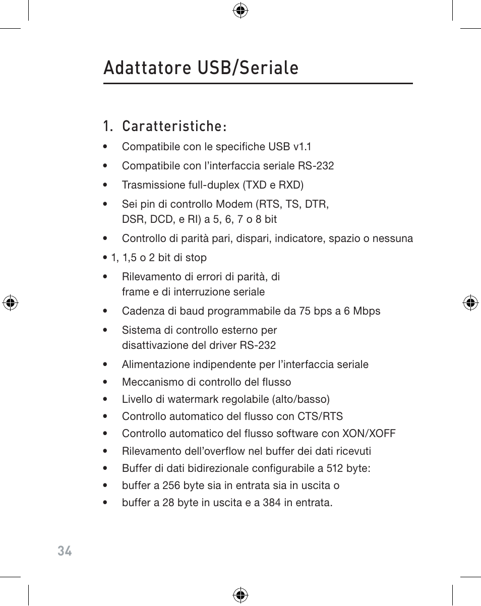 Adattatore usb/seriale, Caratteristiche | Belkin F5U103VEA User Manual | Page 34 / 40