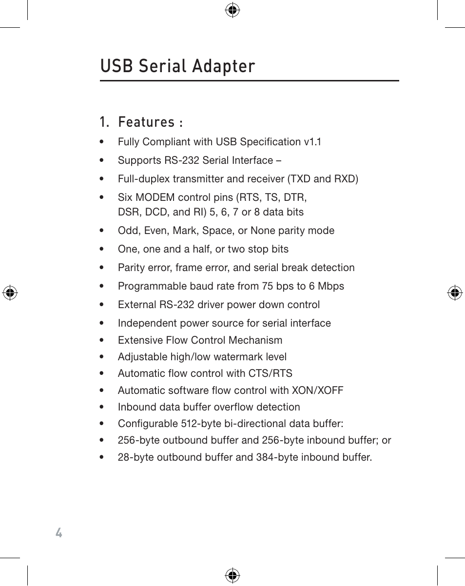 Usb serial adapter, Features | Belkin F5U103VEA User Manual | Page 4 / 40