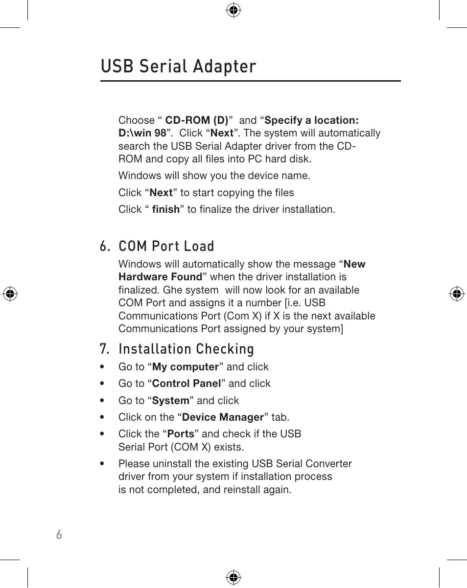 Usb serial adapter, Com port load, Installation checking | Belkin F5U103VEA User Manual | Page 6 / 40