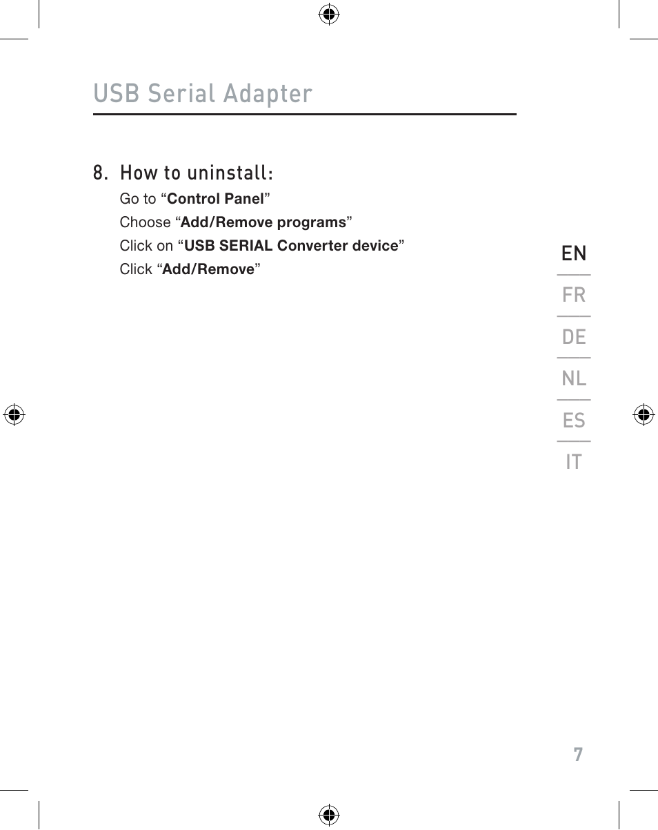 Usb serial adapter, How to uninstall, En ___ fr ___ de ___ nl ___ es ___ it | Belkin F5U103VEA User Manual | Page 7 / 40