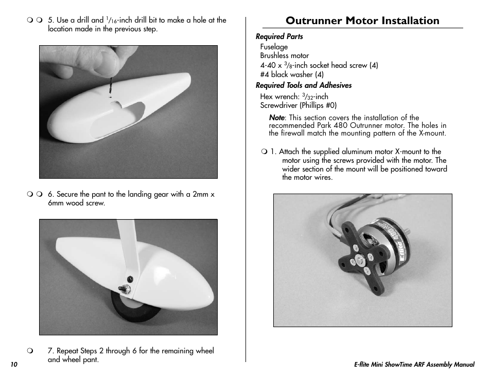 Outrunner motor installation | E-flite Mini ShowTime 4D ARF User Manual | Page 10 / 36