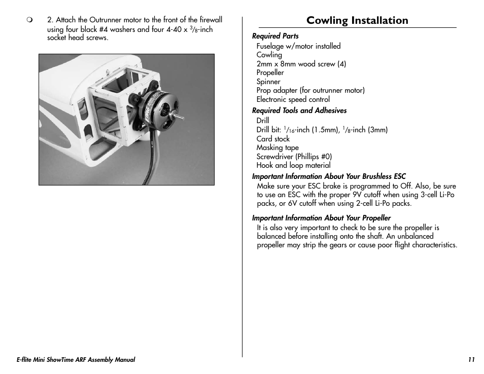 Cowling installation | E-flite Mini ShowTime 4D ARF User Manual | Page 11 / 36