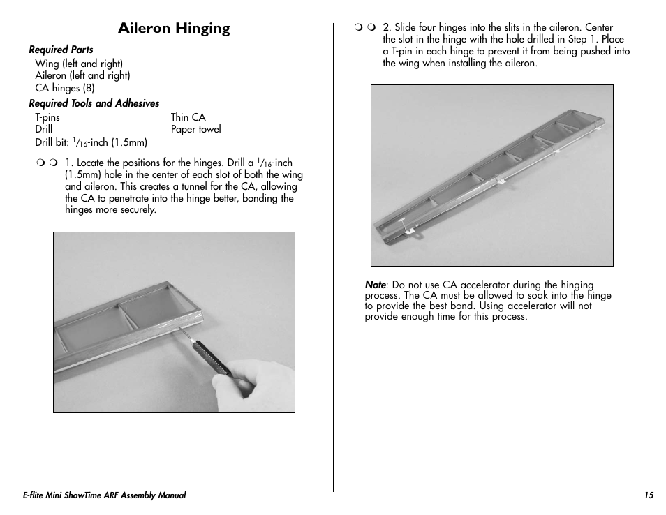 Aileron hinging | E-flite Mini ShowTime 4D ARF User Manual | Page 15 / 36