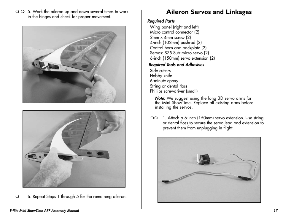 Aileron servos and linkages | E-flite Mini ShowTime 4D ARF User Manual | Page 17 / 36