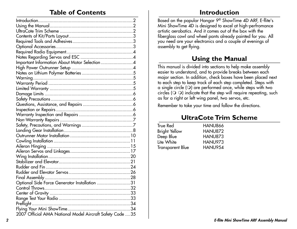 E-flite Mini ShowTime 4D ARF User Manual | Page 2 / 36