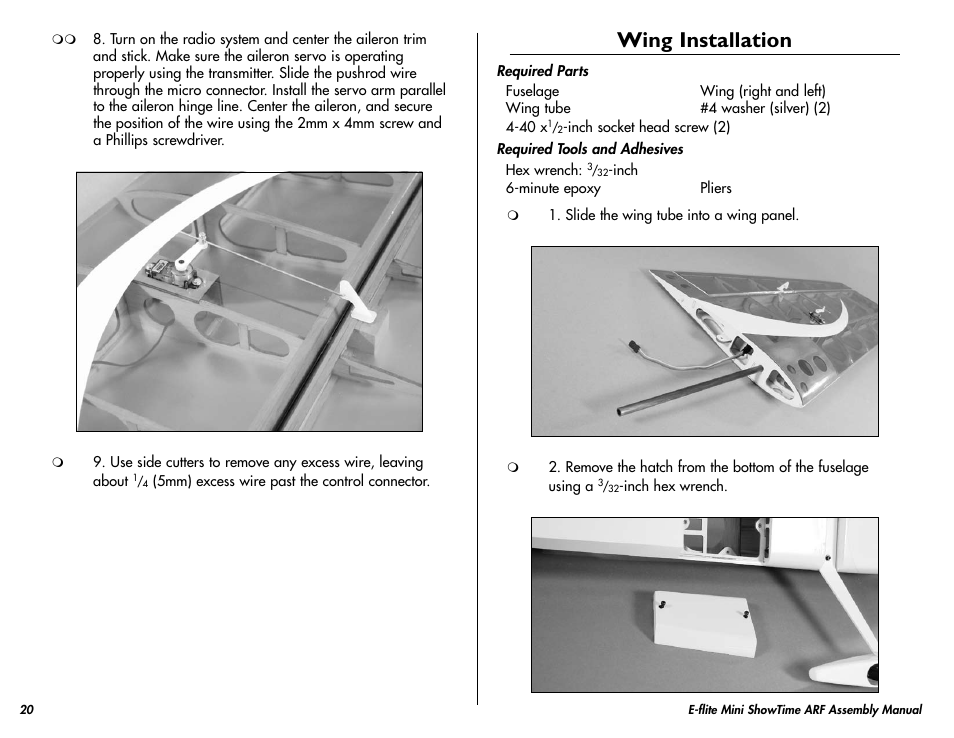 Wing installation | E-flite Mini ShowTime 4D ARF User Manual | Page 20 / 36