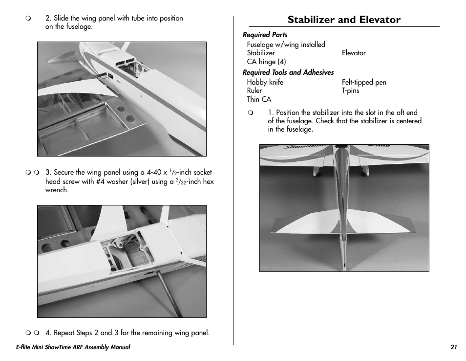 Stabilizer and elevator | E-flite Mini ShowTime 4D ARF User Manual | Page 21 / 36