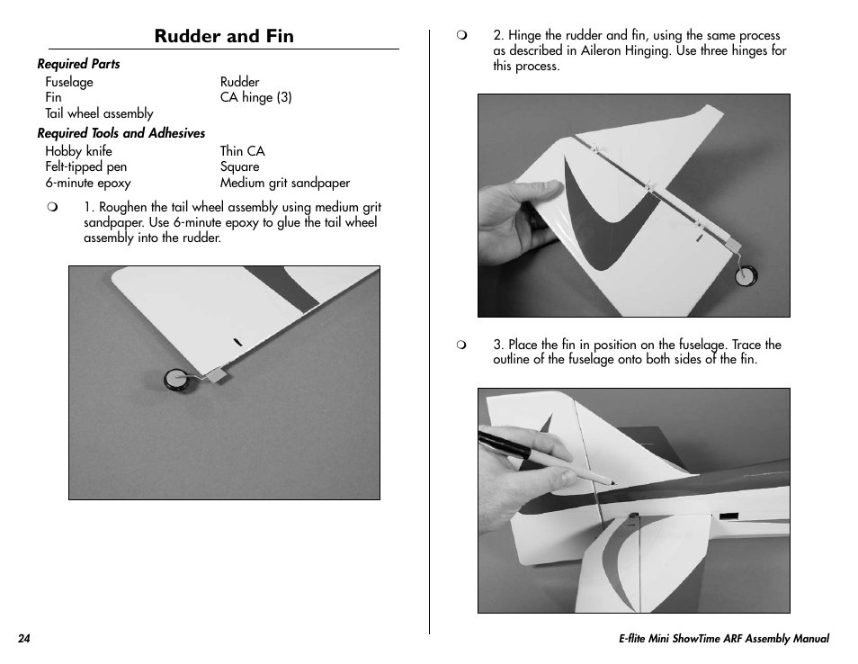 Rudder and fin | E-flite Mini ShowTime 4D ARF User Manual | Page 24 / 36