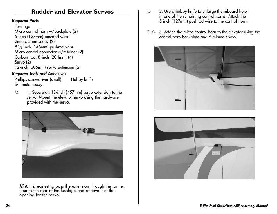 Rudder and elevator servos | E-flite Mini ShowTime 4D ARF User Manual | Page 26 / 36