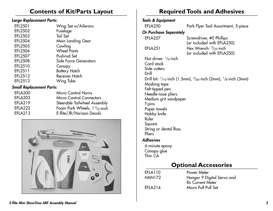 Contents of kit/parts layout, Required tools and adhesives, Optional accessories | E-flite Mini ShowTime 4D ARF User Manual | Page 3 / 36