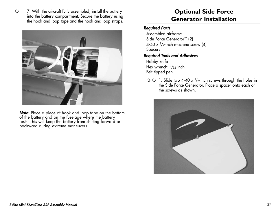 Optional side force generator installation | E-flite Mini ShowTime 4D ARF User Manual | Page 31 / 36