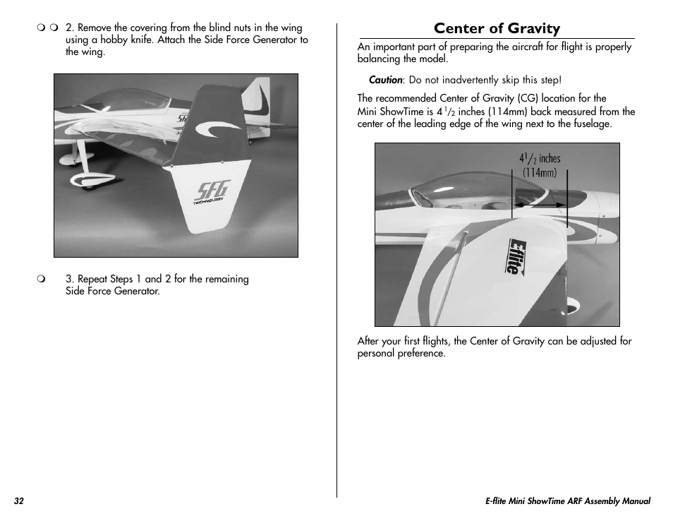 Control throws, Center of gravity | E-flite Mini ShowTime 4D ARF User Manual | Page 32 / 36