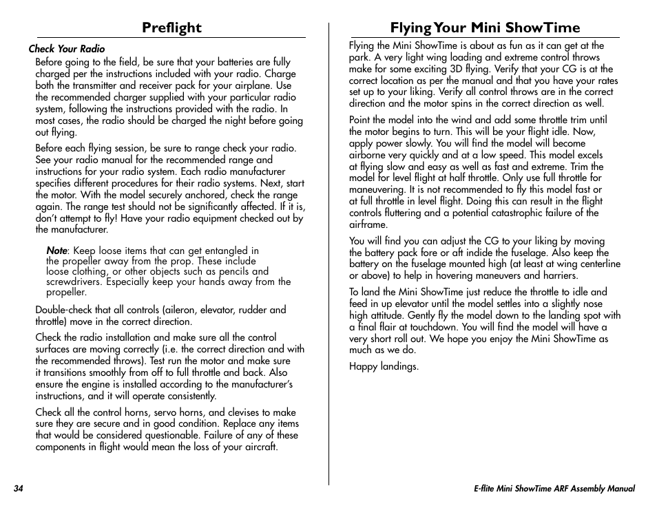 Preflight, Flying your mini showtime | E-flite Mini ShowTime 4D ARF User Manual | Page 34 / 36