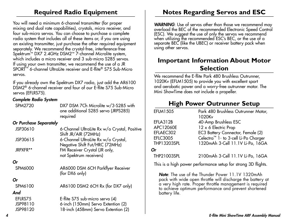 Required radio equipment, Notes regarding servos and esc, Important information about motor selection | High power outrunner setup | E-flite Mini ShowTime 4D ARF User Manual | Page 4 / 36