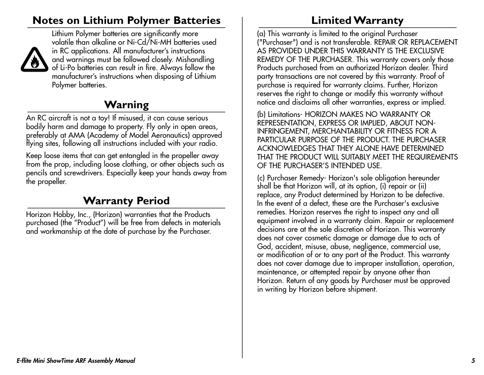 Notes on lithium polymer batteries, Warning, Warranty period | Limited warranty | E-flite Mini ShowTime 4D ARF User Manual | Page 5 / 36