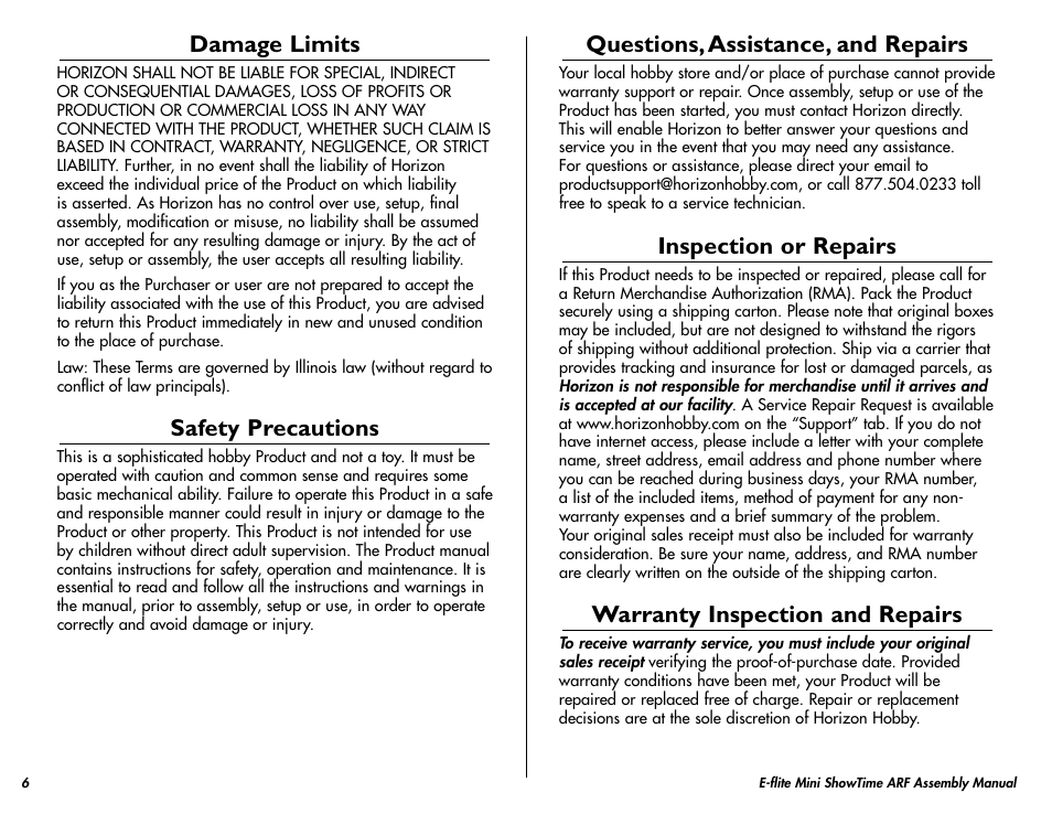 Damage limits, Safety precautions, Questions, assistance, and repairs | Inspection or repairs, Warranty inspection and repairs | E-flite Mini ShowTime 4D ARF User Manual | Page 6 / 36