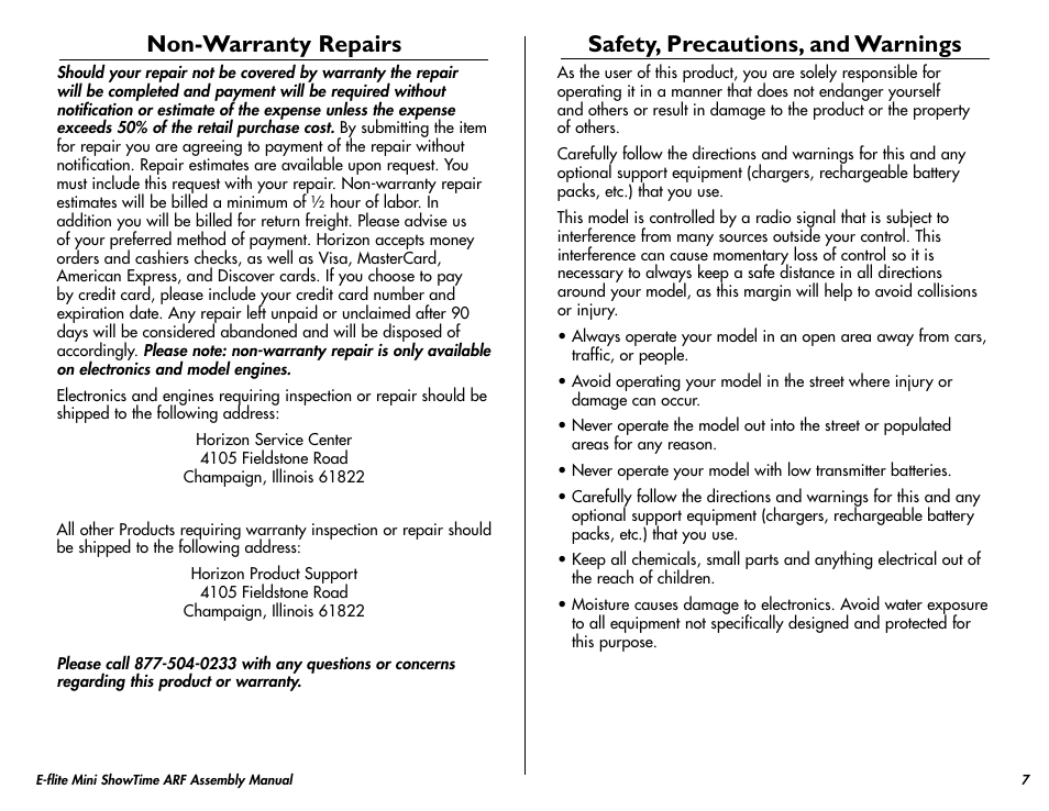 Non-warranty repairs, Safety, precautions, and warnings | E-flite Mini ShowTime 4D ARF User Manual | Page 7 / 36