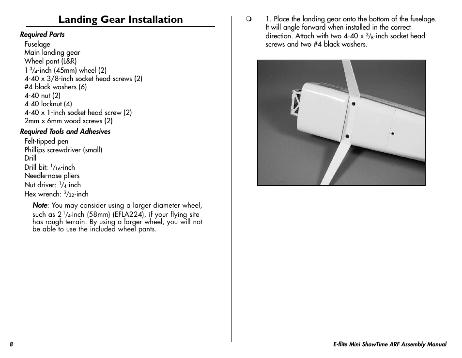 Landing gear installation | E-flite Mini ShowTime 4D ARF User Manual | Page 8 / 36