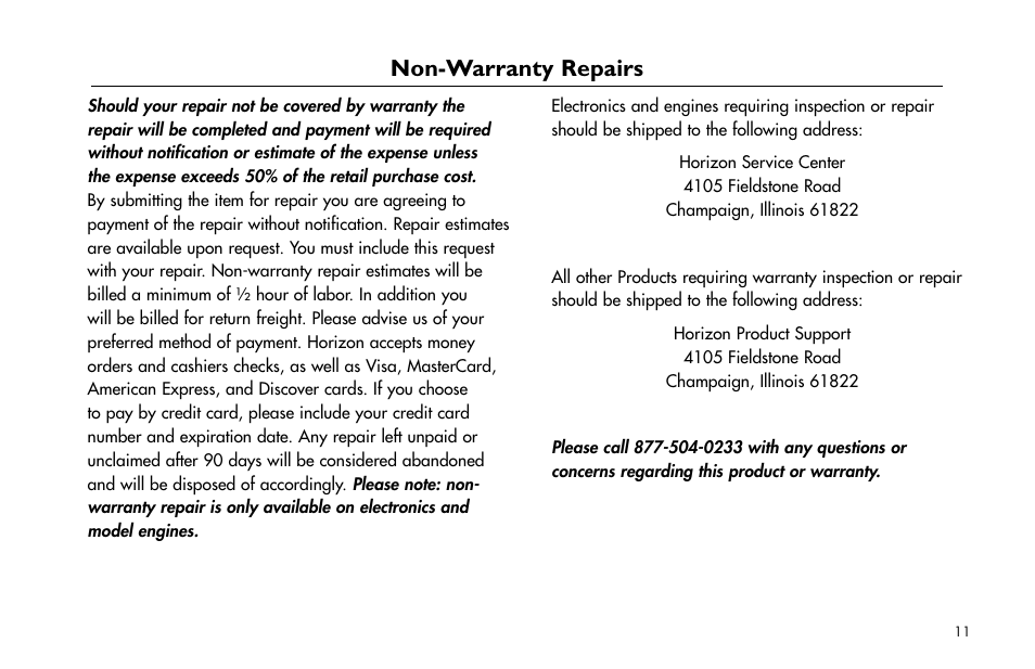 Non-warranty repairs, Non-warranty.repairs | E-flite Mini Funtana X ARF User Manual | Page 11 / 52