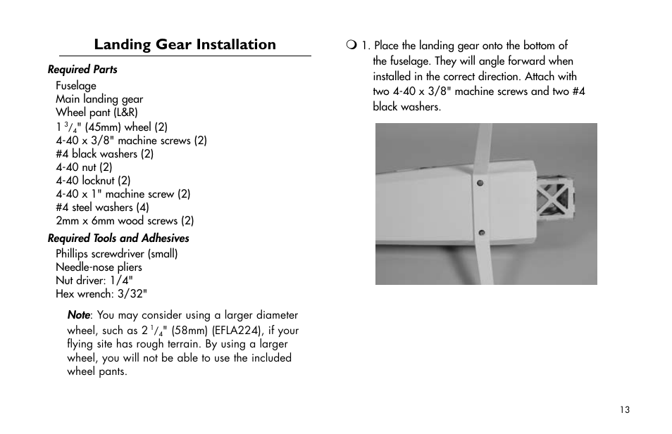 Landing gear installation, Landing.gear.installation | E-flite Mini Funtana X ARF User Manual | Page 13 / 52