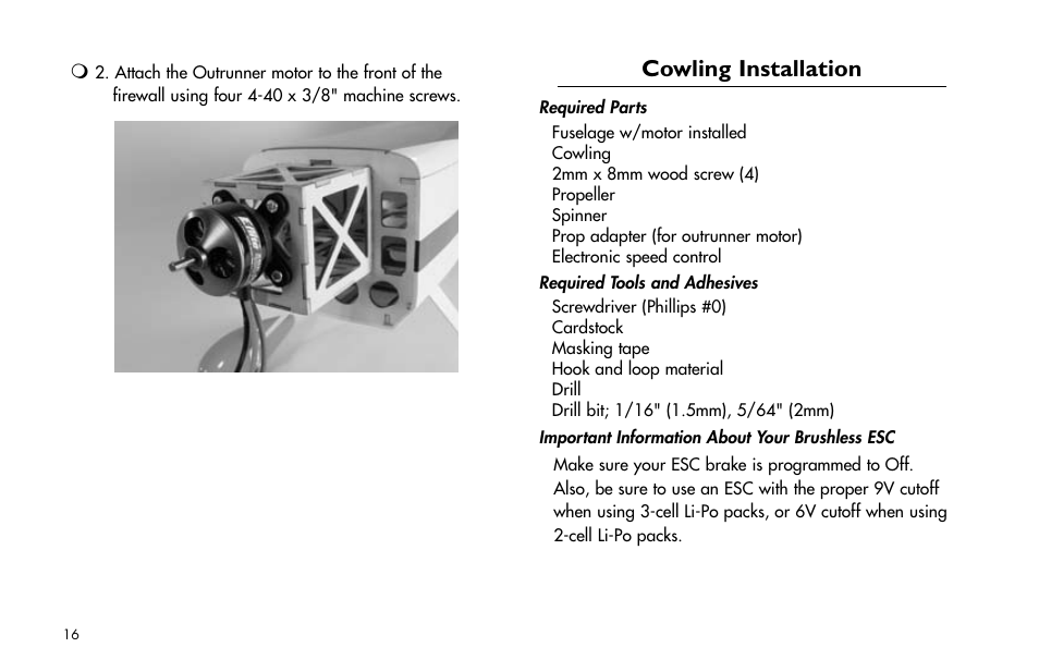 Cowling installation, Cowling.installation | E-flite Mini Funtana X ARF User Manual | Page 16 / 52