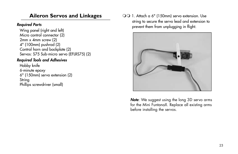 Aileron servos and linkages, Aileron.servos.and.linkages | E-flite Mini Funtana X ARF User Manual | Page 23 / 52