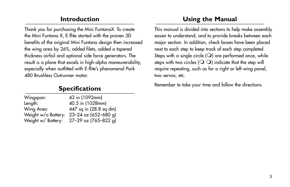 Introduction, Specifications, Using the manual | Using.the.manual | E-flite Mini Funtana X ARF User Manual | Page 3 / 52