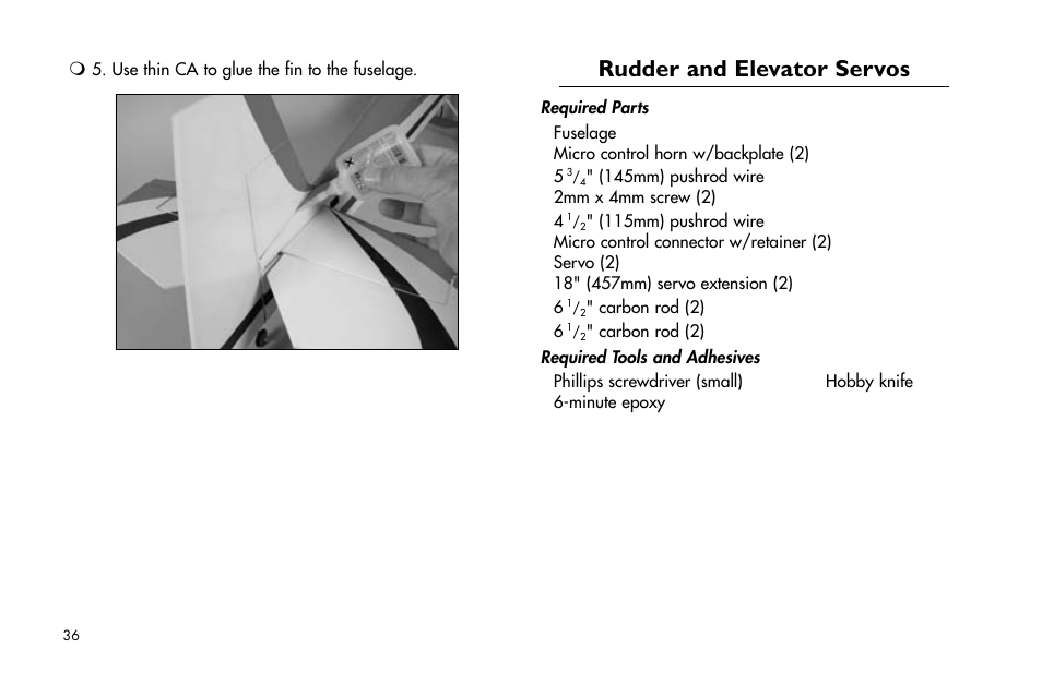 Rudder and elevator servos, Rudder.and.elevator.servos | E-flite Mini Funtana X ARF User Manual | Page 36 / 52