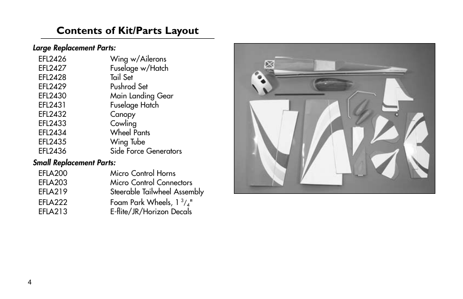 Contents of kit/parts layout, Contents.of.kit/parts.layout | E-flite Mini Funtana X ARF User Manual | Page 4 / 52